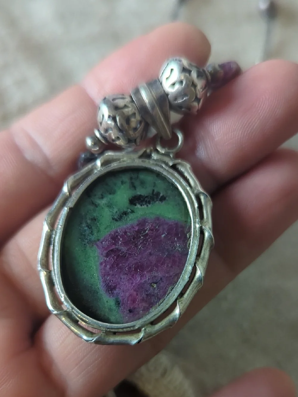Sterling Silver Ruby Zoisite Statement Necklace, Artisan Gemstone Pendant